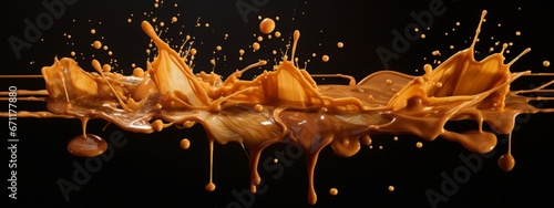 Caramel splash milk sauce chocolate liquid background cream explosion png toffee food falling. Splash caramel candy 3D isolated nougat milk wave swirl fly design syrup condensed black dark white drop. photo