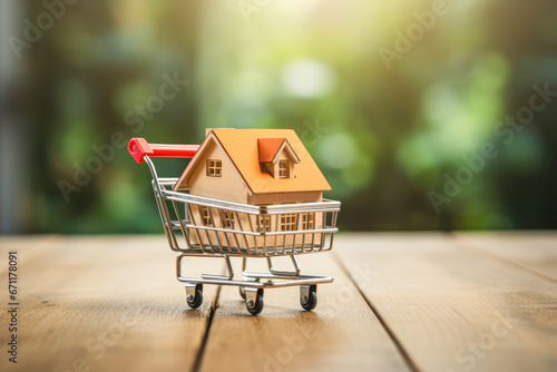 Miniature red house in shopping cart on wooden table with bokeh background