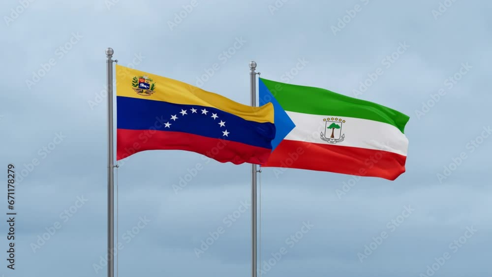 Equatorial Guinea flag and Venezuela flag waving together on cloudy sky, endless seamless loop, two country relations concept Equatorial Guinea flag and Venezuela flag waving together on cloudy sky, endless seamless loop, two country relations concept