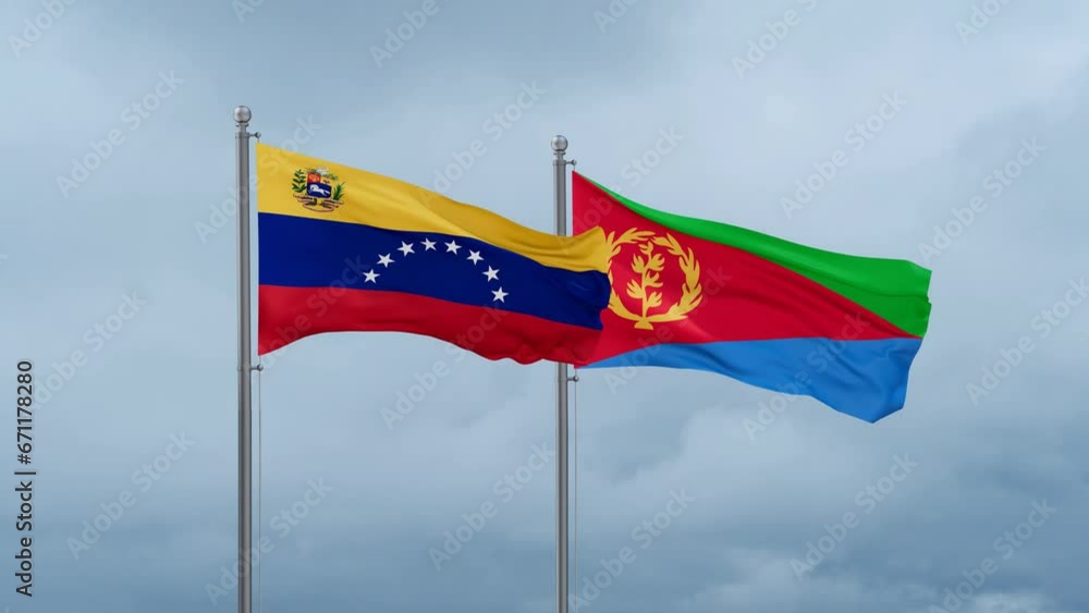 Eritrea and Venezuela flag waving together on cloudy sky, endless seamless loop, two country cooperation concept Eritrea and Venezuela flag waving together on cloudy sky, endless seamless loop, two country cooperation concept
