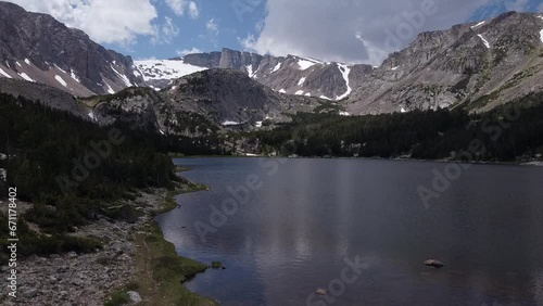 Aerial Footage of Serene Mountain Lake in Montana, Summertime