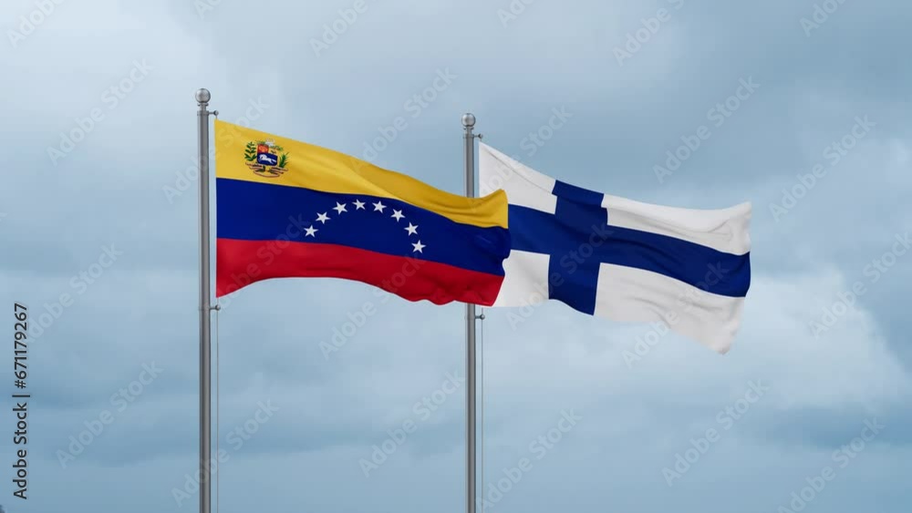 Finland flag and Venezuela flag waving together on cloudy sky, endless seamless loop, two country relations concept Finland flag and Venezuela flag waving together on cloudy sky, endless seamless loop, two country relations concept