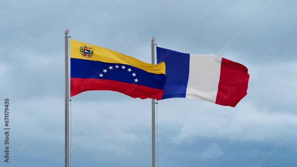 France and Venezuela flags waving together on cloudy sky, endless seamless loop, two country relations concept France and Venezuela flags waving together on cloudy sky, endless seamless loop, two country relations concept