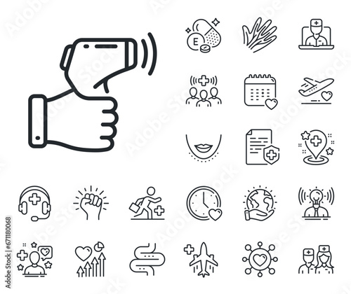 Temperature scanner sign. Online doctor, patient and medicine outline icons. Electronic thermometer line icon. Fever measuring symbol. Electronic thermometer line sign. Vector