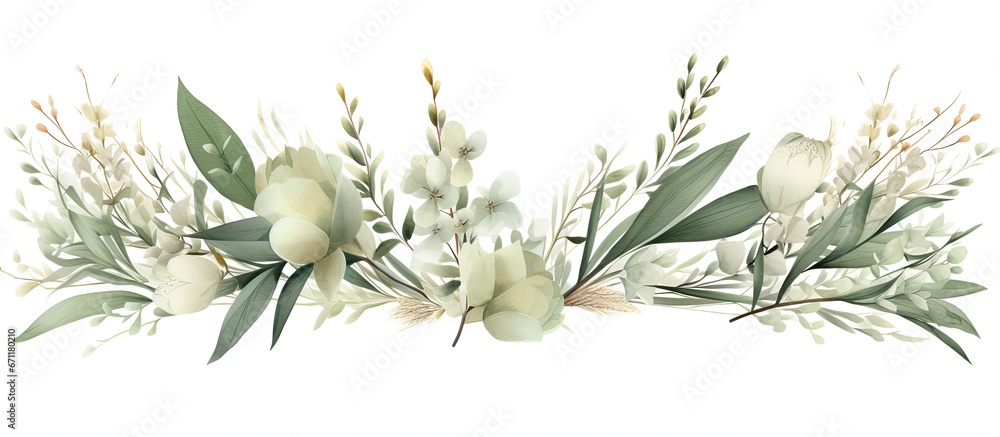 A collection of eucalyptus and pampas grass illustrations in watercolor These floral designs painted by hand exhibit neutral colors and are set against a sage green border and frame The bot - obrazy, fototapety, plakaty 