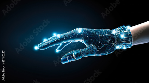 Robot hand on dark background creating digital artificial intelligence