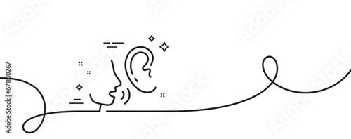 Whisper line icon. Continuous one line with curl. Audio message sign. Hearing symbol. Whisper single outline ribbon. Loop curve pattern. Vector