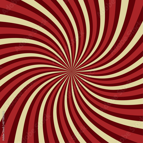 Red and beige spiral rays background. Abstract colorful retro design Brightly coloured striped perspective with waves and swirls Striped spiral Vector illustration
