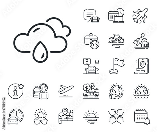 Clouds with rain sign. Plane jet, travel map and baggage claim outline icons. Rainy weather forecast line icon. Cloudy sky symbol. Rainy weather line sign. Car rental, taxi transport icon. Vector
