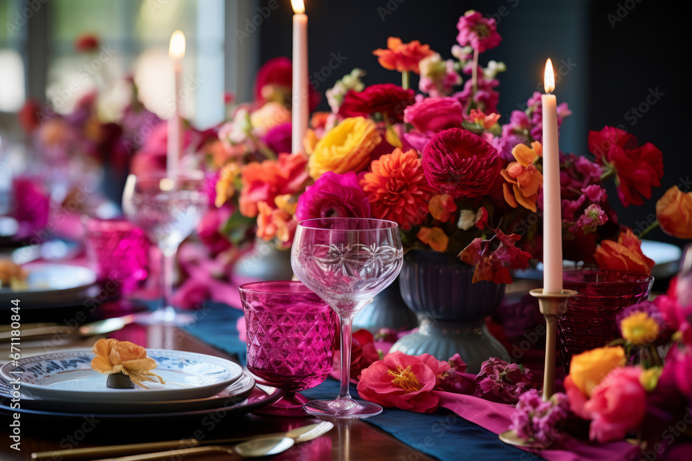 Valentines day gathering: table with runners, vibrant blooms, and dinnerware. Elegant table setting. Generative AI