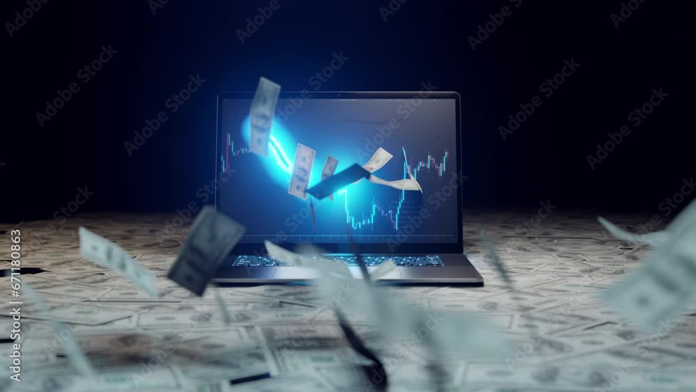 The banknote popped out from the computer screen of the laptop, concept Playing the stock market can generate passive income for you The banknote popped out from the computer screen of the laptop, concept Playing the stock market can generate passive income for you