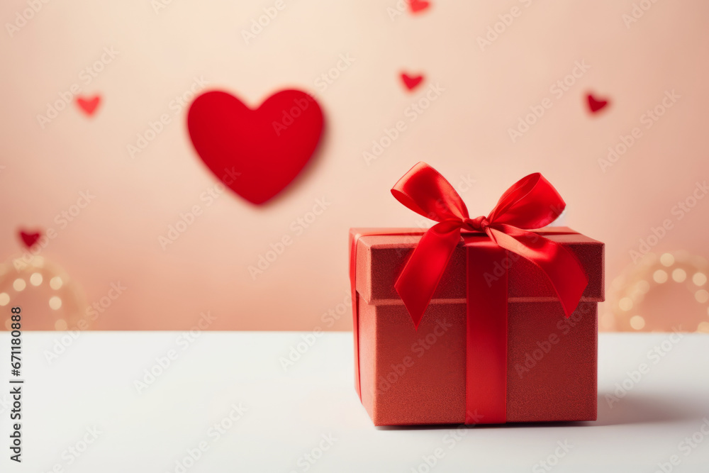 Valentine's day concept banner with gift box, bow and hearts on a pink background. Generative AI