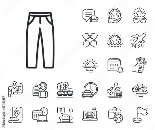 Trousers wear sign. Plane jet, travel map and baggage claim outline icons. Pants line icon. Fabric jeans symbol. Pants line sign. Car rental, taxi transport icon. Place location. Vector