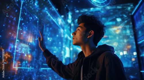 Young Asian man with wonder, curiosity, looking at holographic digital display, futuristic technology, innovation, generative ai