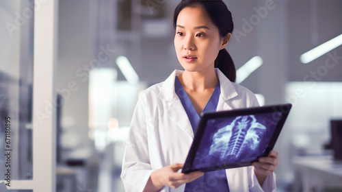 asian female doctor looking at x-ray image of lungs in hospital