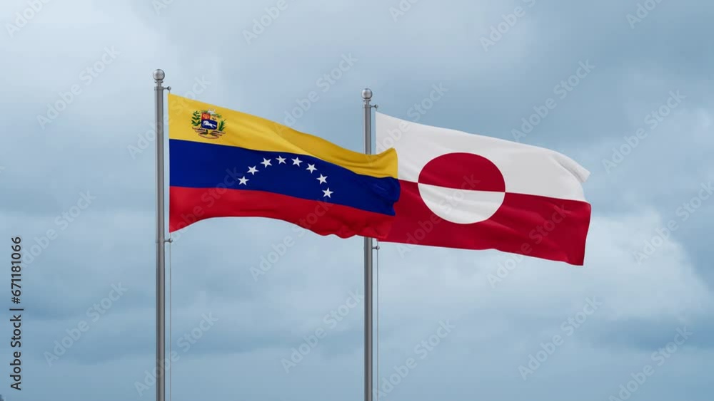 Greenland flag and Venezuela flag waving together on cloudy sky, endless seamless loop, two country relations concept Greenland flag and Venezuela flag waving together on cloudy sky, endless seamless loop, two country relations concept