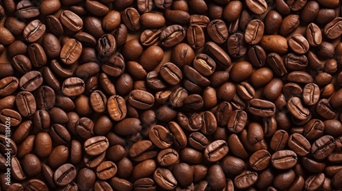 Top view background of aromatic brown coffee beans scattered on surface.