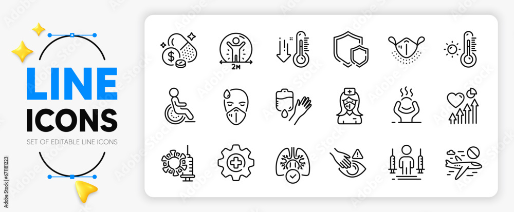 Heart beat, Dont touch and Weather thermometer line icons set for app include Lungs, Medical mask, Low thermometer outline thin icon. Medicine, Sick man, Disability pictogram icon. Vector