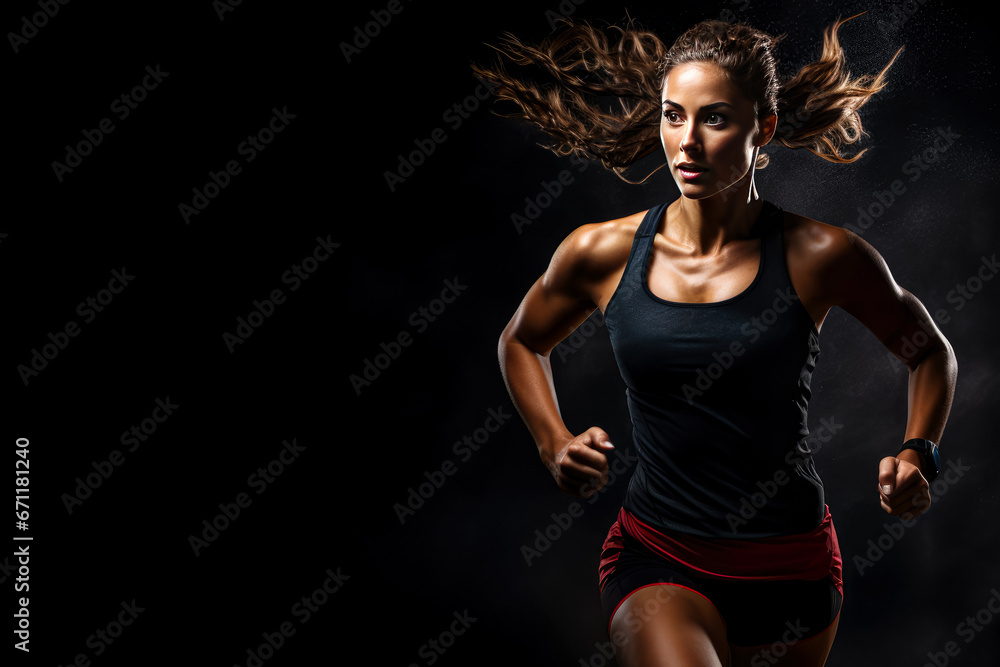Obraz premium Fitness woman running on black background. Sport and healthy lifestyle concept.