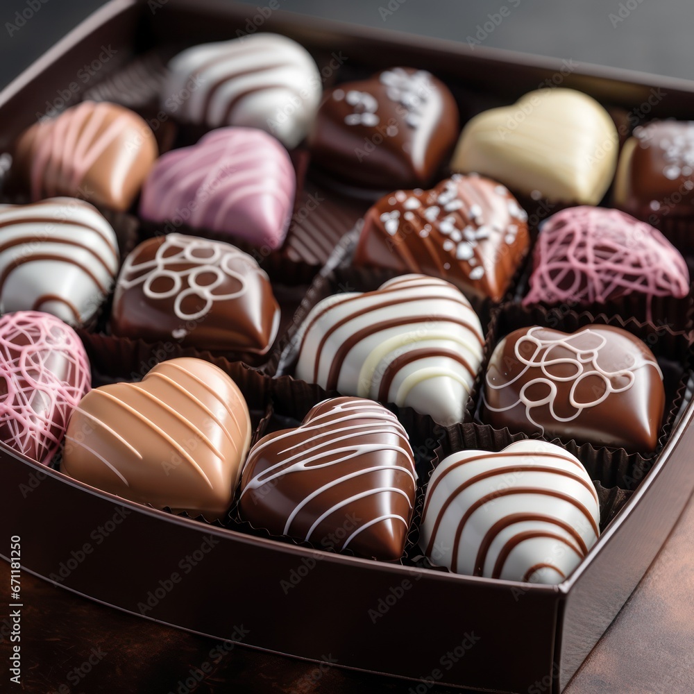 Valentines day, heart shape chocolates in a box Valentines day, heart shape chocolates in a box