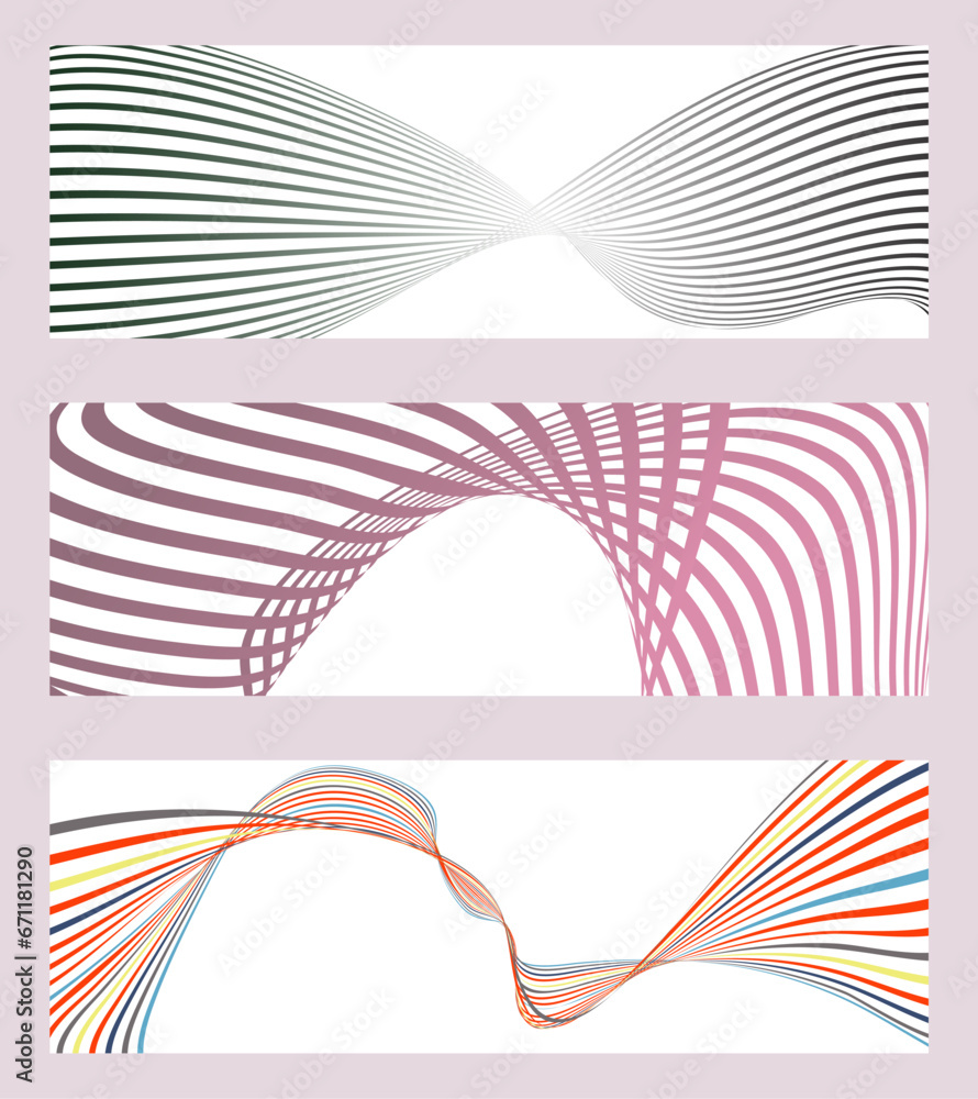 Wavy lines or ribbons. Set of 3 backgrounds. Multicolored striped gradient. Creative unusual background with abstract gradient wave lines to create a trendy banner, poster. vector eps Wavy lines or ribbons. Set of 3 backgrounds. Multicolored striped gradient. Creative unusual background with abstract gradient wave lines to create a trendy banner, poster. vector eps