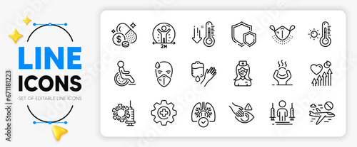 Heart beat, Dont touch and Weather thermometer line icons set for app include Lungs, Medical mask, Low thermometer outline thin icon. Medicine, Sick man, Disability pictogram icon. Vector