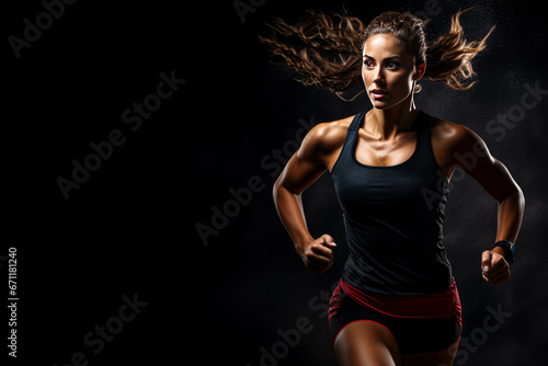 Fitness woman running on black background. Sport and healthy lifestyle concept. © mila103