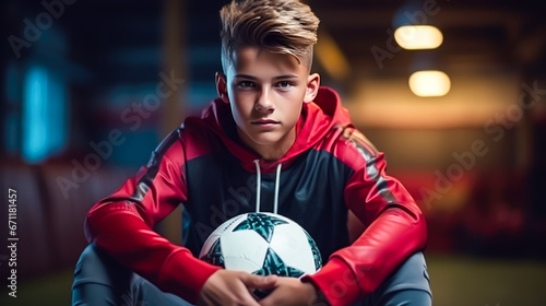 Portrait of young man holding soccer ball in sportswear at gym © mila103