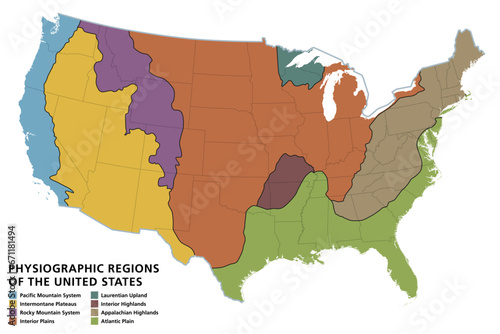 Physiographic regions of the United States, political map. The physiographic divisions of the contiguous United States comprise eight divisions, shown in different colors and with a legend. Vector.