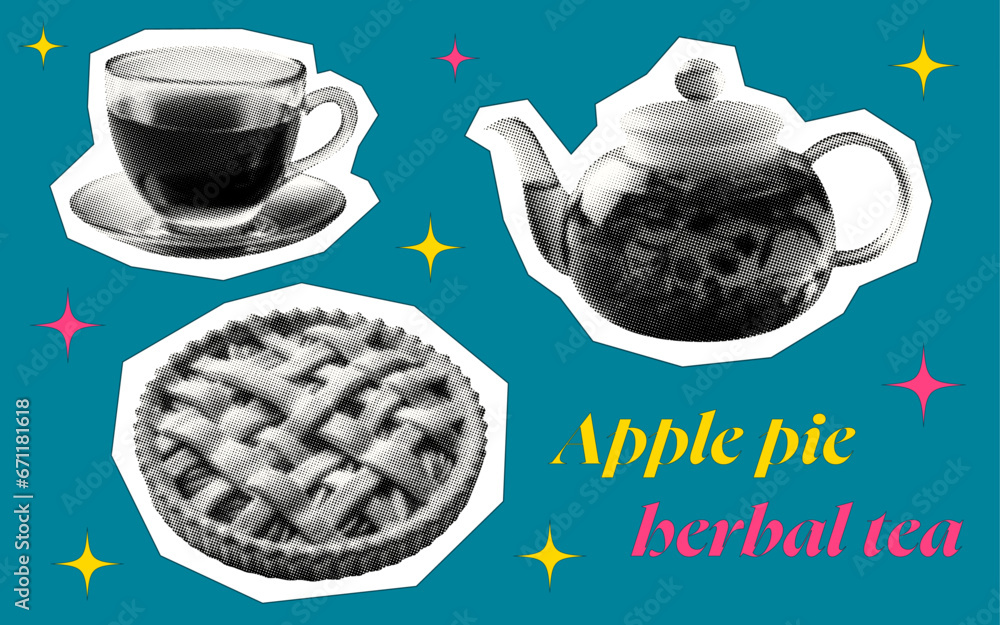 tea with apple pie set template with teapot cup cake retro halftone effect dotted texture collage element for mixed media design - obrazy, fototapety, plakaty 
