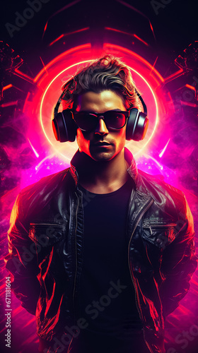 Handsome young man with headphones listening to music. Disco club.