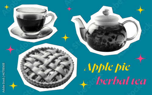 tea with apple pie set template with teapot cup cake retro halftone effect dotted texture collage element for mixed media design