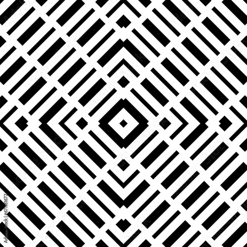 Repeated black geometric figures on white background. Seamless surface pattern design with symmetrical rectangles and rhombuses ornament. Polygons wallpaper. Diagonal dashed lines motif. Digital paper