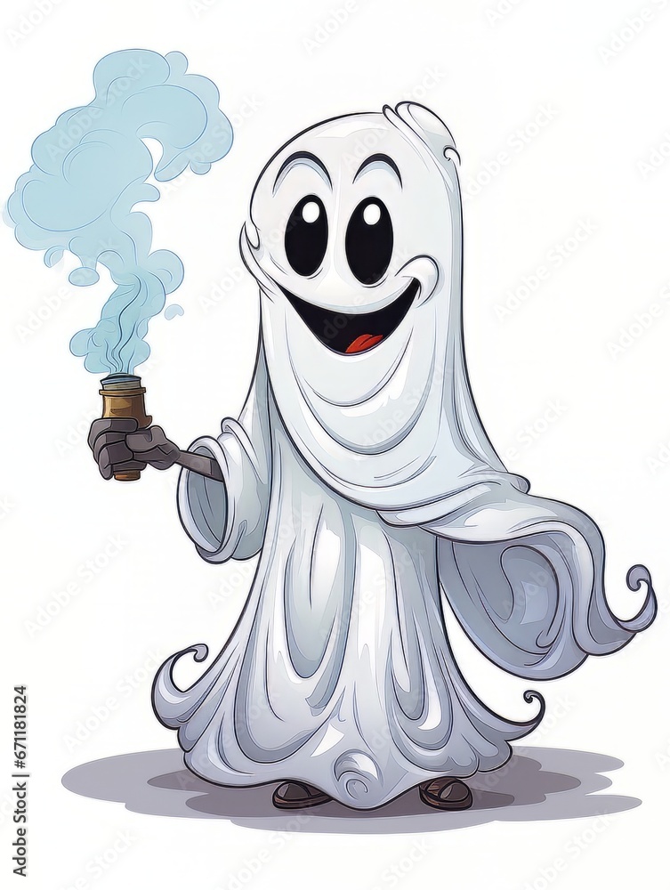 Cartoon white ghost with smoking incense on white background isolated, AI Cartoon white ghost with smoking incense on white background isolated, AI