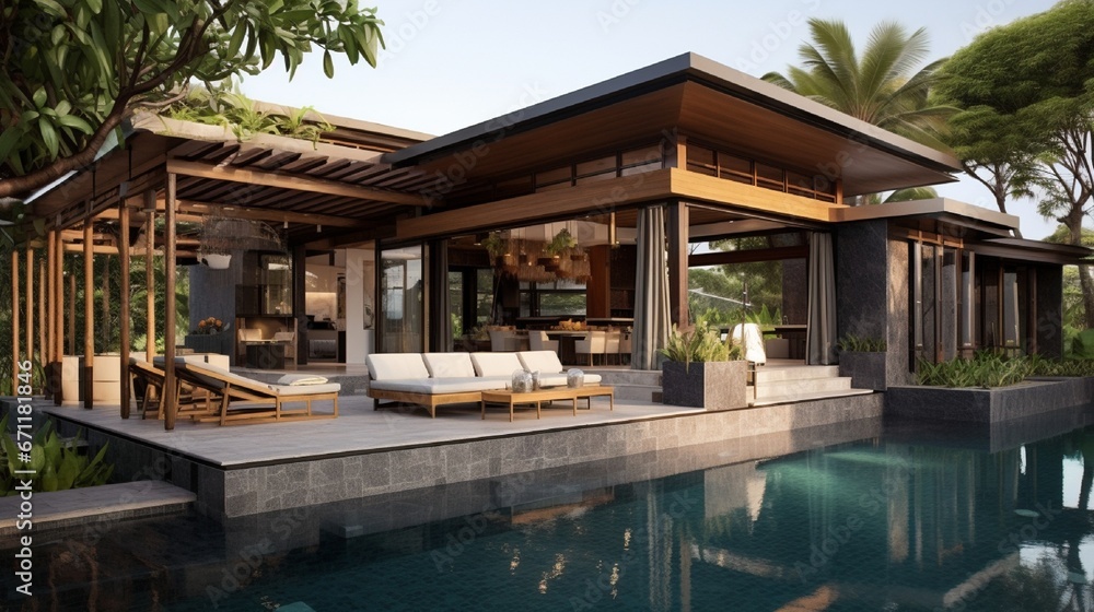 Pool villa pavilion home exterior design.