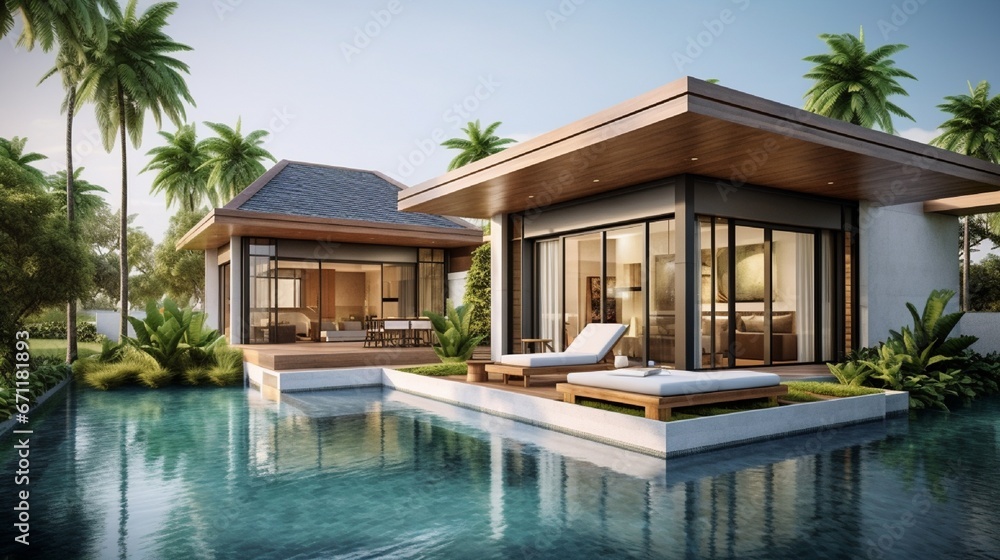 home or house construction The exterior and interior design of a tropical pool villa with a green garden and a bedroom are shown.
