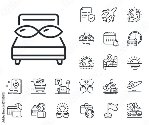 Night sleep rest sign. Plane jet, travel map and baggage claim outline icons. Bed pillows line icon. Comfort bedtime symbol. Pillows line sign. Car rental, taxi transport icon. Place location. Vector
