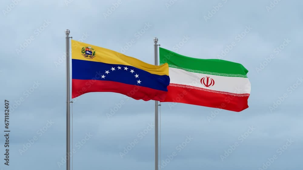 Iran flag and Venezuela flag waving together on blue sky, looped video Iran flag and Venezuela flag waving together on blue sky, looped video