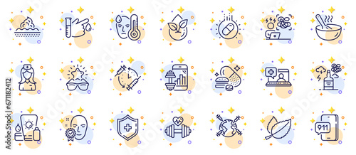 Outline set of Sunscreen, Vaccination schedule and Alcohol addiction line icons for web app. Include World vaccination, Medical shield, Hospital nurse pictogram icons. Difficult stress. Vector