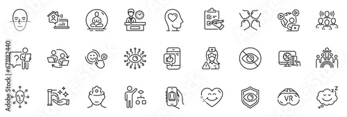 Icons pack as Eye detect, Vr and Search employee line icons for app include Washing hands, Mental health, Artificial intelligence outline thin icon web set. Not looking, Squad. Vector