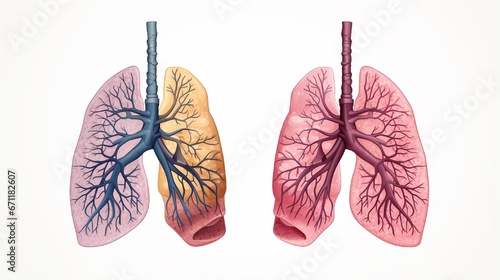 The anatomy of the human lungs. Isolated on white backdrop, realistic 3D vector artwork. Detail of the front view. The trachea connects the right and left lungs. Lung health. Organ of the respiratory  photo