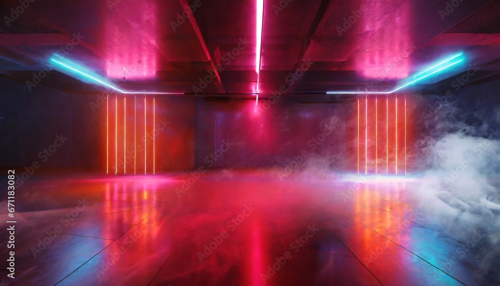 Sci-Fi Futuristic Smoke Fog Neon Laser Garage Room Red Electric Cyber Hanging Lights Warehouse Background