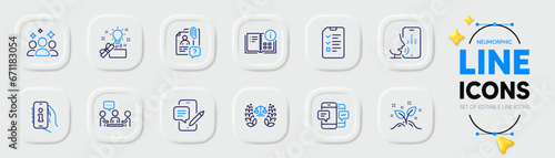Startup concept, Phone chat and Justice scales line icons for web app. Pack of Creative idea, Squad, Interview pictogram icons. People chatting, Support, Voicemail signs. Search employee. Vector