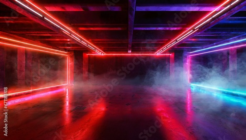 Sci-Fi Futuristic Smoke Fog Neon Laser Garage Room Red Electric Cyber Hanging Lights Warehouse Background © CreativeStock