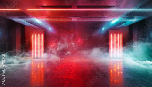 Sci-Fi Futuristic Smoke Fog Neon Laser Garage Room Red Electric Cyber Hanging Lights Warehouse Background