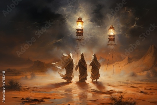 Whirling sandstorm djinns, granting three wishes to those who find their lamp - Generative AI