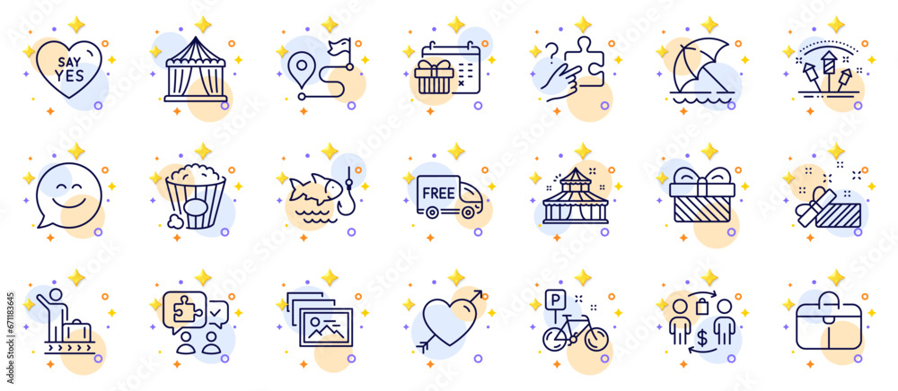 Outline set of Search puzzle, Say yes and Present line icons for web app. Include Circus tent, Popcorn, Journey pictogram icons. Puzzle, Smile chat, Gift signs. Free delivery. Vector - obrazy, fototapety, plakaty 