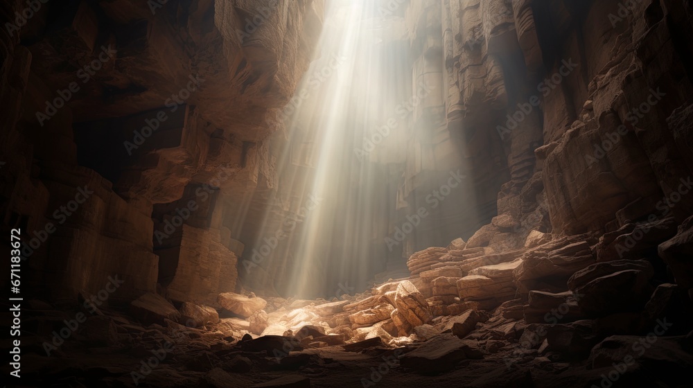 Underground cave, rays of light. Generation AI