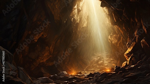 Underground cave  rays of light. Generation AI