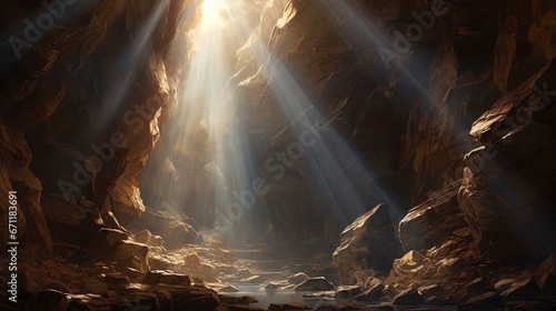 Underground cave, rays of light. Generation AI